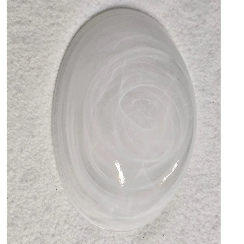 White Alabaster Swirl Art Glass Oval Serving Bowl Centerpiece 8.5 Inch